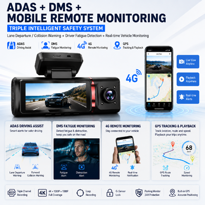 3 canais AI 4G Dash Camera 4K Frente, ADAS e DMS, GPS Tracking, Monitor de estacionamento 24 horas por dia, 7 dias por semana
