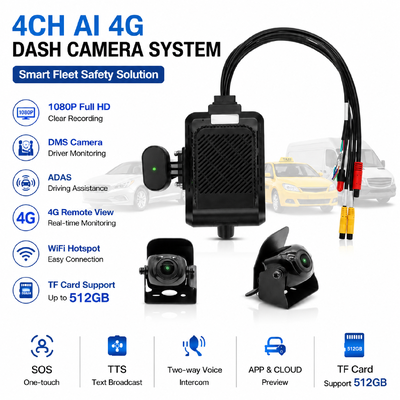 Câmera de Painel Inteligente 4G com IA de 4 Canais, ADAS + DMS + BSD Segurança Ativa, Gravação 1080P + 720P para Táxis