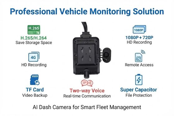 Câmera de Painel Inteligente 4G com IA de 4 Canais, ADAS + DMS + BSD Segurança Ativa, Gravação 1080P + 720P para Táxis