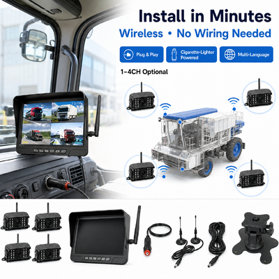 Kit de Câmera de Trator Sem Fio Plug and Play de 2 Canais – Monitor de 7” IP68 com Visão Noturna, BSD e Design Resistente a Vibrações