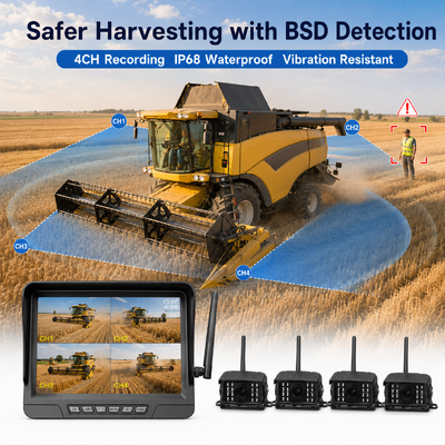 Kit de Câmera de Trator Sem Fio Plug and Play de 2 Canais – Monitor de 7” IP68 com Visão Noturna, BSD e Design Resistente a Vibrações