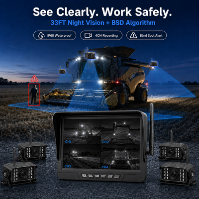 Kit de Câmera de Trator Sem Fio Plug and Play de 2 Canais – Monitor de 7” IP68 com Visão Noturna, BSD e Design Resistente a Vibrações