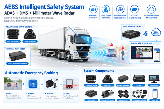 Sistema AEBS com Radar de Onda Milimétrica de 77GHz ADAS + DMS e Conectividade 4G/5G para Telemática de Frota