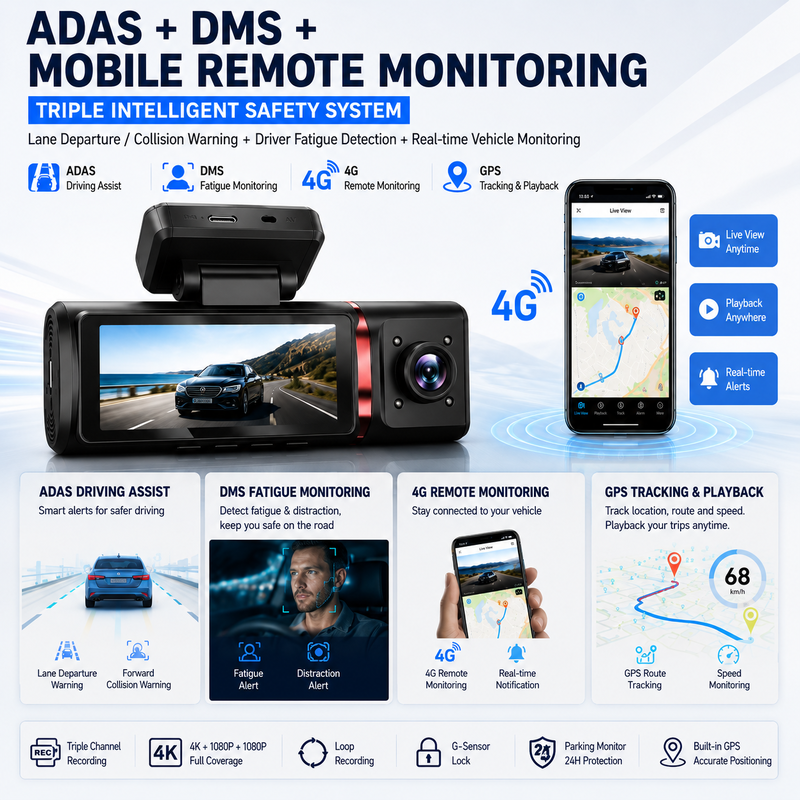 3 canais AI 4G Dash Camera 4K Frente, ADAS e DMS, GPS Tracking, Monitor de estacionamento 24 horas por dia, 7 dias por semana
