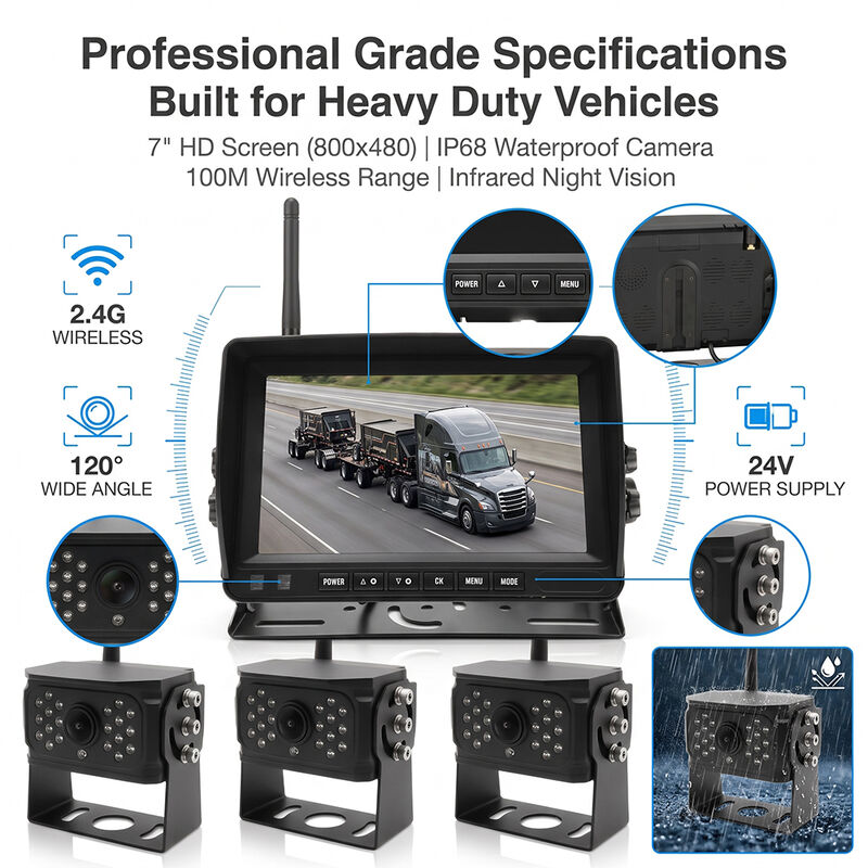 Kit de Câmera de Ré Digital Sem Fio 4CH com Monitor IPS HD à Prova d'Água IP69K com Visão Noturna para Caminhões e Vans
