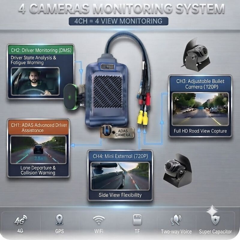 Câmera de Painel Inteligente 4G com IA de 4 Canais, ADAS + DMS + BSD Segurança Ativa, Gravação 1080P + 720P para Táxis