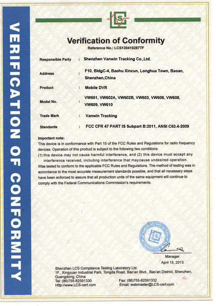 CHINA Shenzhen Vanwin Tracking Co.,Ltd Certificações