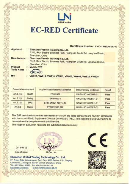 China Shenzhen Vanwin Tracking Co.,Ltd Certificações